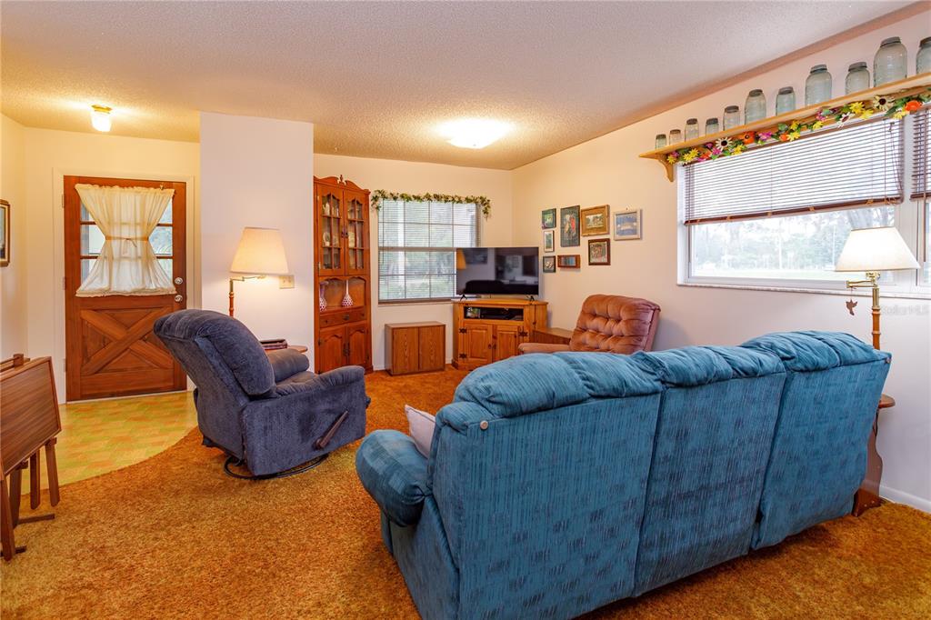 A living room features orange carpeting, blue upholstered seating, a wooden hutch, and a television — 1909 N LAKEWOOD AVENUE, OCOEE, FL