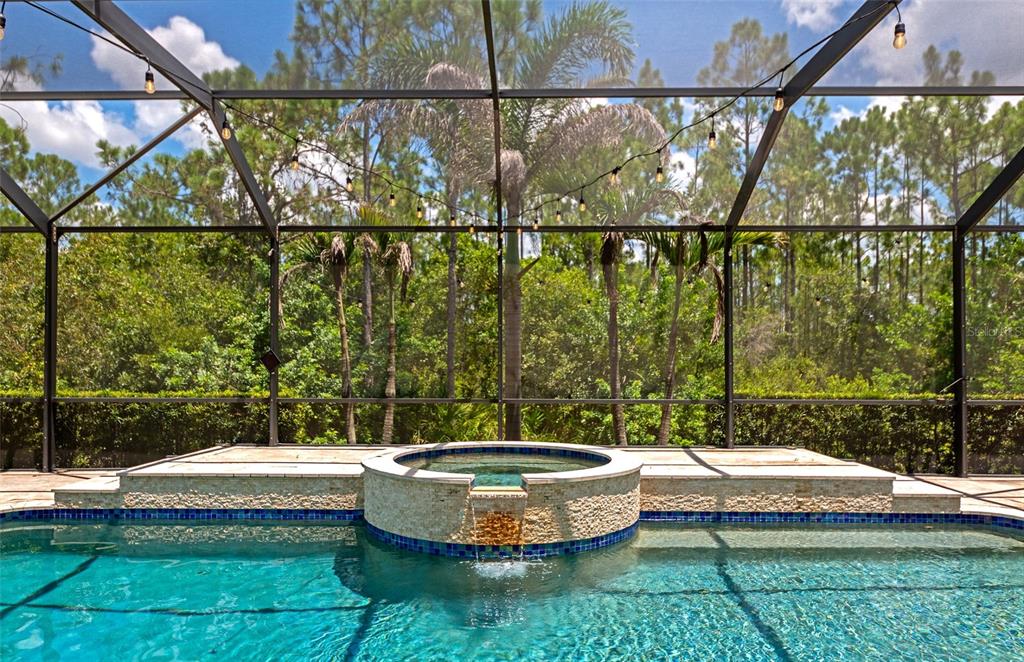 A swimming pool with an elevated stone spa and waterfall feature inside a screened enclosure — 22209 DEER POINTE CROSSING, BRADENTON, FL