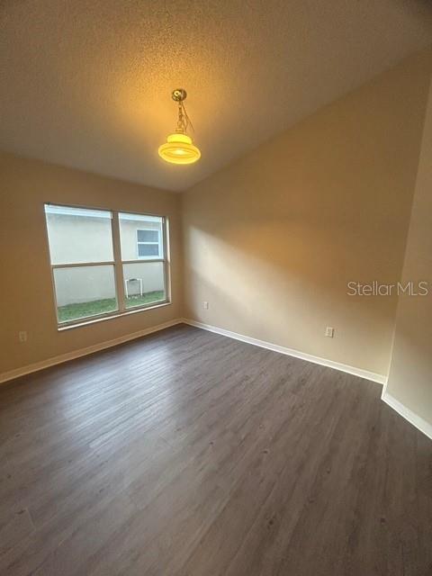 An empty room with light-colored walls, wood-look flooring, a window, and a hanging light fixture — 816 SHELL LANE, LONGWOOD, FL