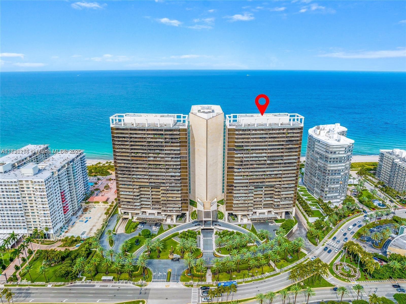 An aerial view shows a large beachfront residential complex with a red location marker — 9701 Collins Ave # 802S, Bal Harbour FL 33154, BAL HARBOUR, FL