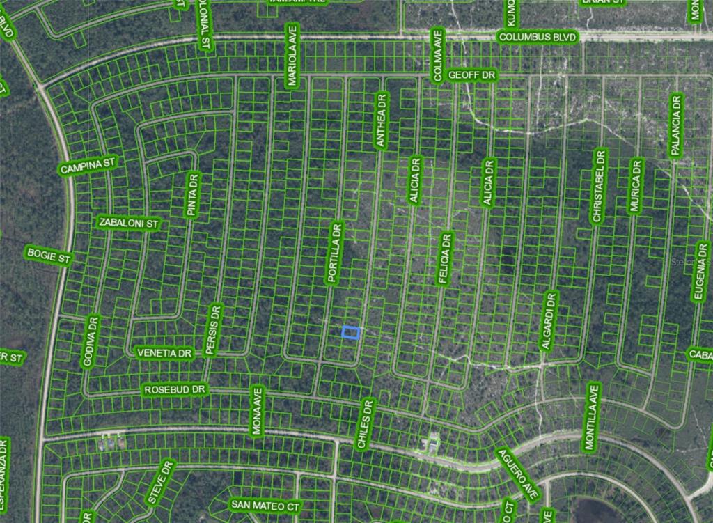 This is a satellite map view showing a residential area with outlined property lots — 6543 ANTHEA DRIVE, SEBRING, FL