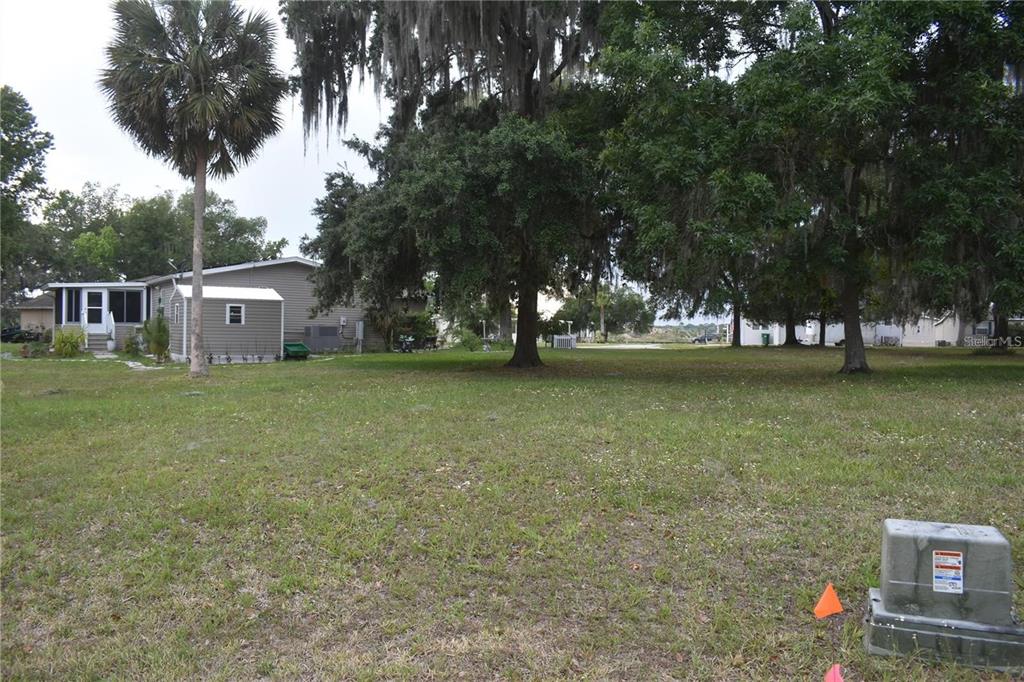 A grassy lot features a palm tree, mature trees with Spanish moss, and a small shed — LOT 11 BLK C LIBERTY COURT, WILDWOOD, FL
