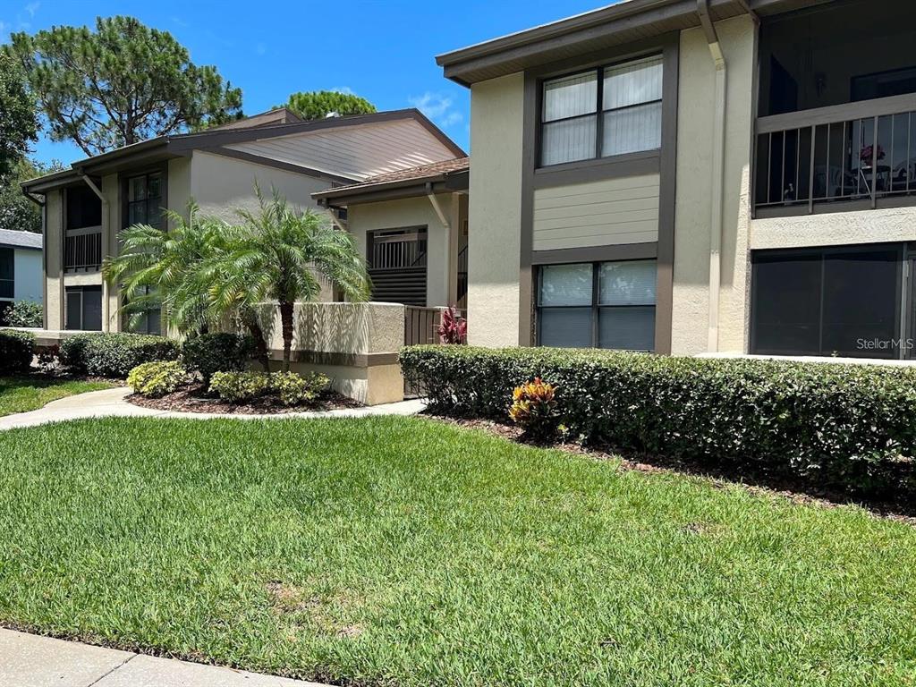 A two-story apartment building with tan stucco walls, brown trim, and a manicured lawn — 333 WOODLAKE WYNDE, OLDSMAR, FL