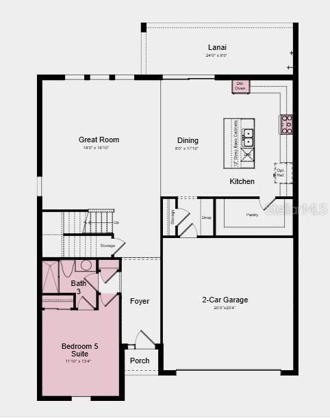 This is a floor plan of a home's first level featuring a garage, kitchen, and bedroom — 12844 TREELINE RIDGE AVENUE, SAN ANTONIO, FL