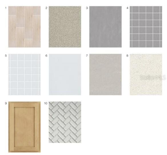 This image is a digital rendering showing ten different material and finish samples for home interiors — 12844 TREELINE RIDGE AVENUE, SAN ANTONIO, FL