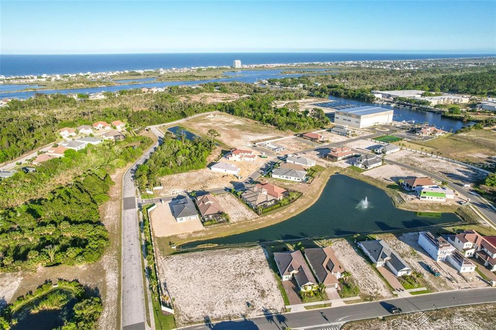 An aerial view shows a residential neighborhood with several houses, a pond, and undeveloped lots — 130 DEL PALMA DRIVE, PALM COAST, FL
