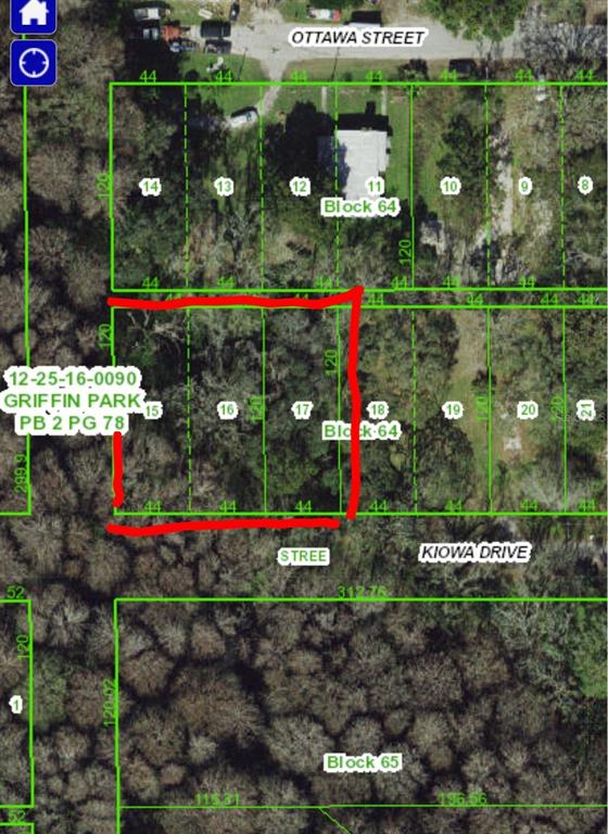 This is a property map showing three adjacent land parcels outlined in red — TBD KIOWA, NEW PORT RICHEY, FL