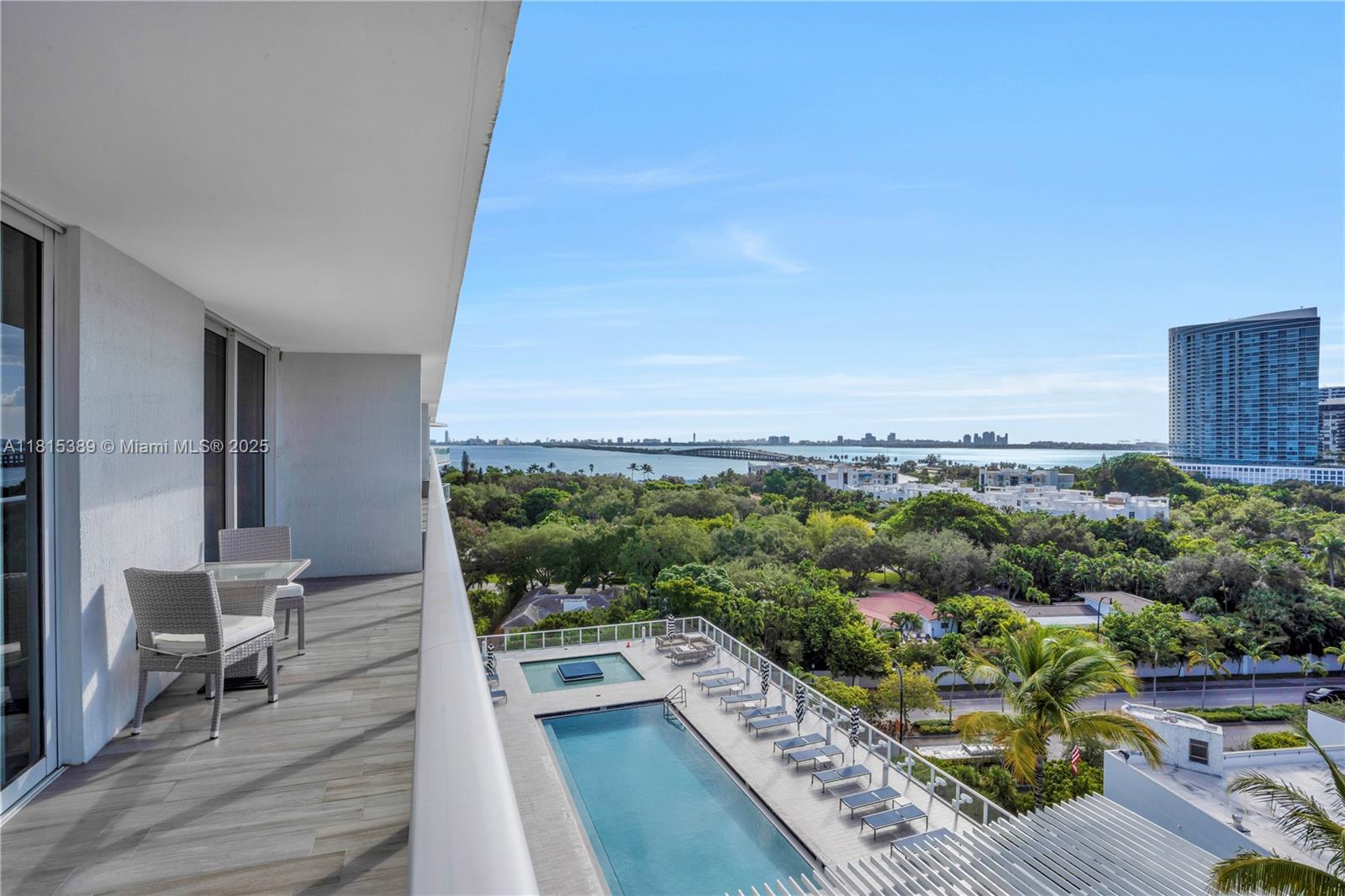 A balcony with outdoor seating overlooks a swimming pool, lush trees, and a distant bay — 4250 Biscayne Blvd # 1116, Miami FL 33137, MIAMI, FL