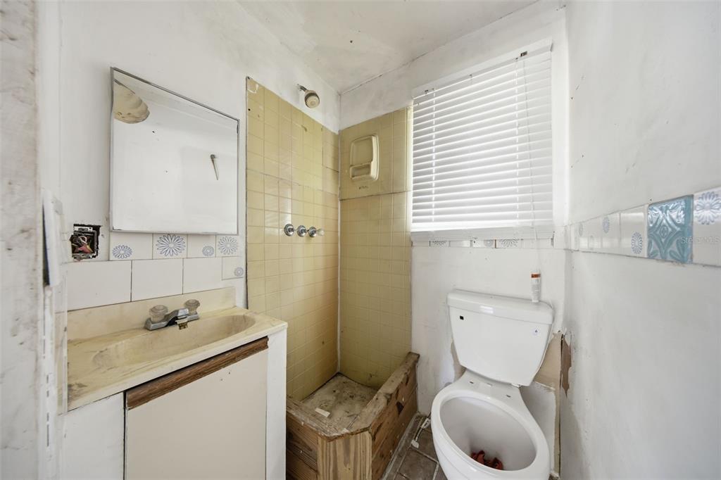 A small, dated bathroom features a vanity, a tiled shower stall, and a white toilet — 307 W ALFRED STREET, TAMPA, FL