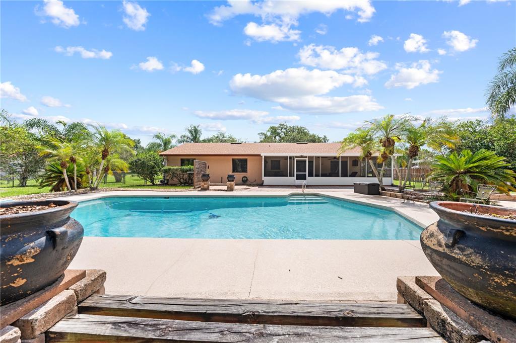 A backyard features a swimming pool, a screened-in patio, and palm trees under a blue sky — 2440 CRANE COURT, ST CLOUD, FL