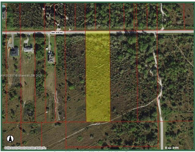 An aerial map shows a rectangular, yellow-highlighted vacant lot bordering a paved road — 0 0, Naples FL 34120, NAPLES, FL