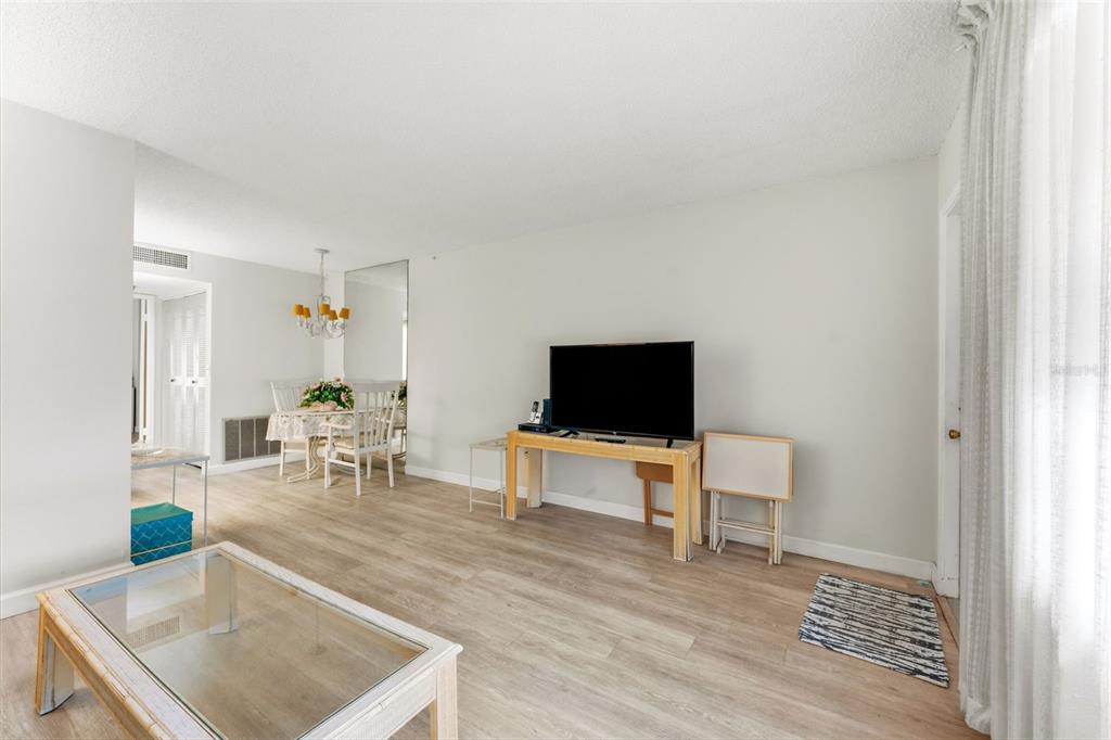 A living room with light wood-look flooring, a television on a console, and a dining area — 24862 US HIGHWAY 19 N UNIT 806, CLEARWATER, FL
