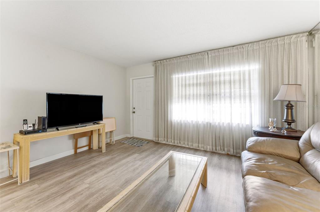 A living room features light wood-look flooring, a television on a wooden console, and curtains — 24862 US HIGHWAY 19 N UNIT 806, CLEARWATER, FL