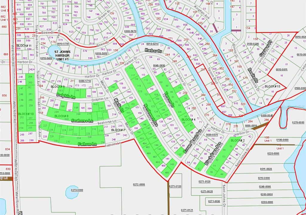 This is a map showing residential lots and street layouts in a neighborhood — 257 HARBOR DRIVE, PALATKA, FL