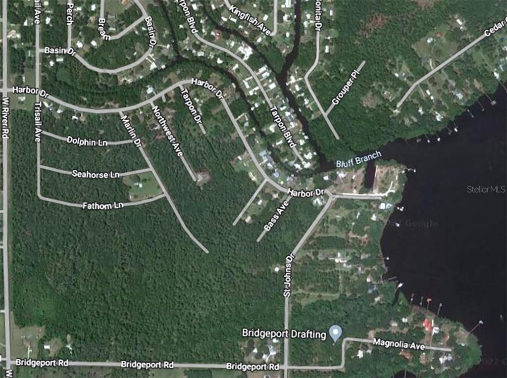This is an aerial map view of a residential neighborhood with streets and wooded areas — 257 HARBOR DRIVE, PALATKA, FL