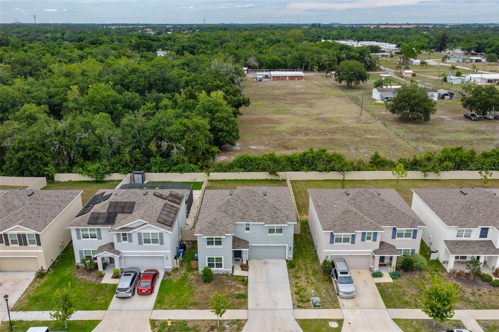 An aerial view shows a row of suburban houses with driveways facing a large grassy lot — 5244 FIDDLE FIG AVENUE, WIMAUMA, FL