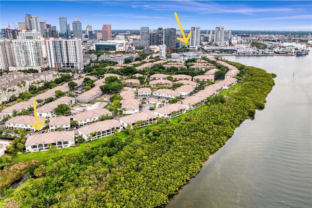 An aerial view shows a residential complex with tan roofs situated beside a mangrove forest — 919 NORMANDY TRACE ROAD, TAMPA, FL