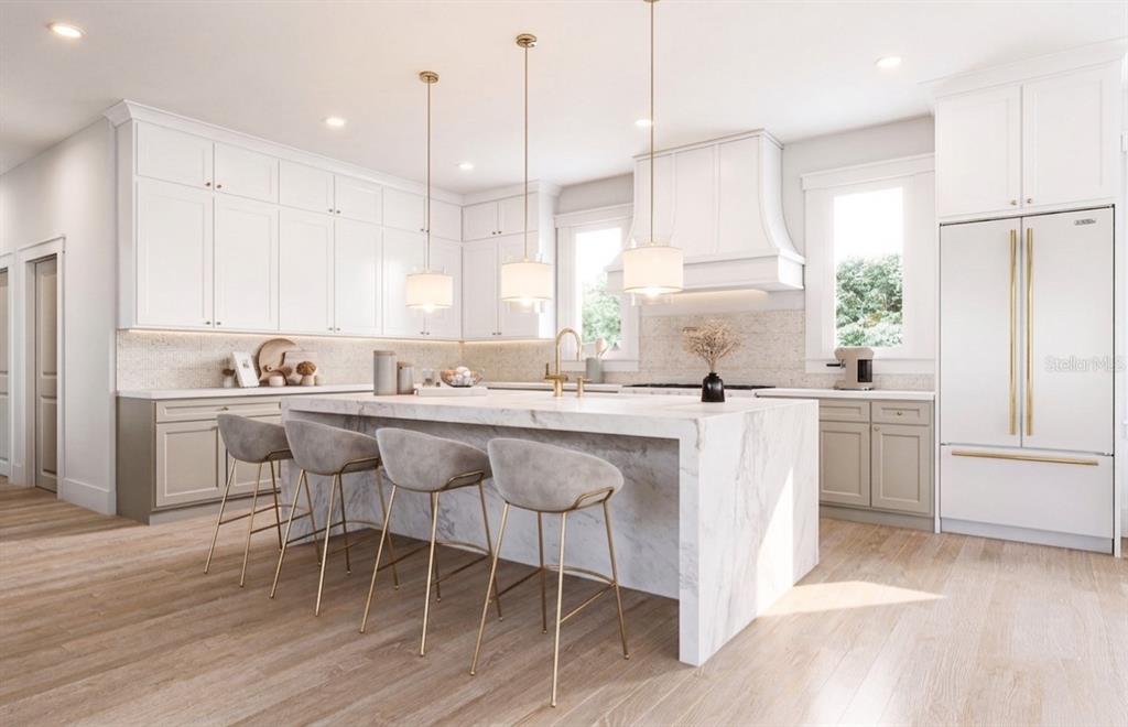 This is a rendering of a modern kitchen featuring a marble waterfall island and white cabinetry — 4185 ROBERTS POINT CIRCLE LOT 19, SARASOTA, FL