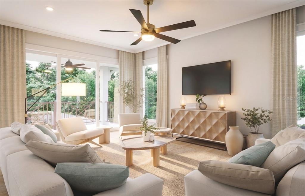 This is a rendering of a modern living room featuring a ceiling fan and balcony — 4185 ROBERTS POINT CIRCLE LOT 19, SARASOTA, FL