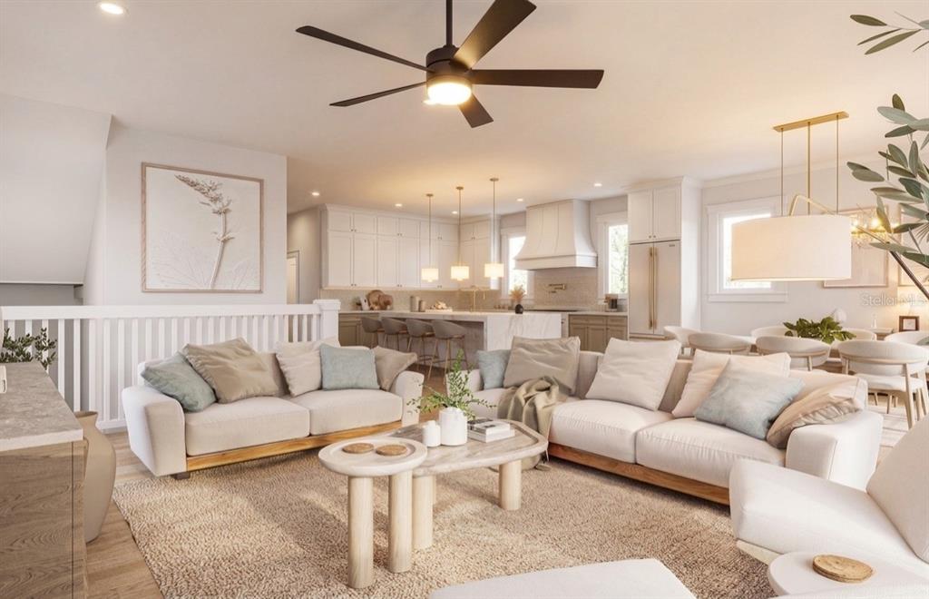 This is a rendering of an open-concept living room and kitchen with neutral-toned furniture — 4185 ROBERTS POINT CIRCLE LOT 19, SARASOTA, FL