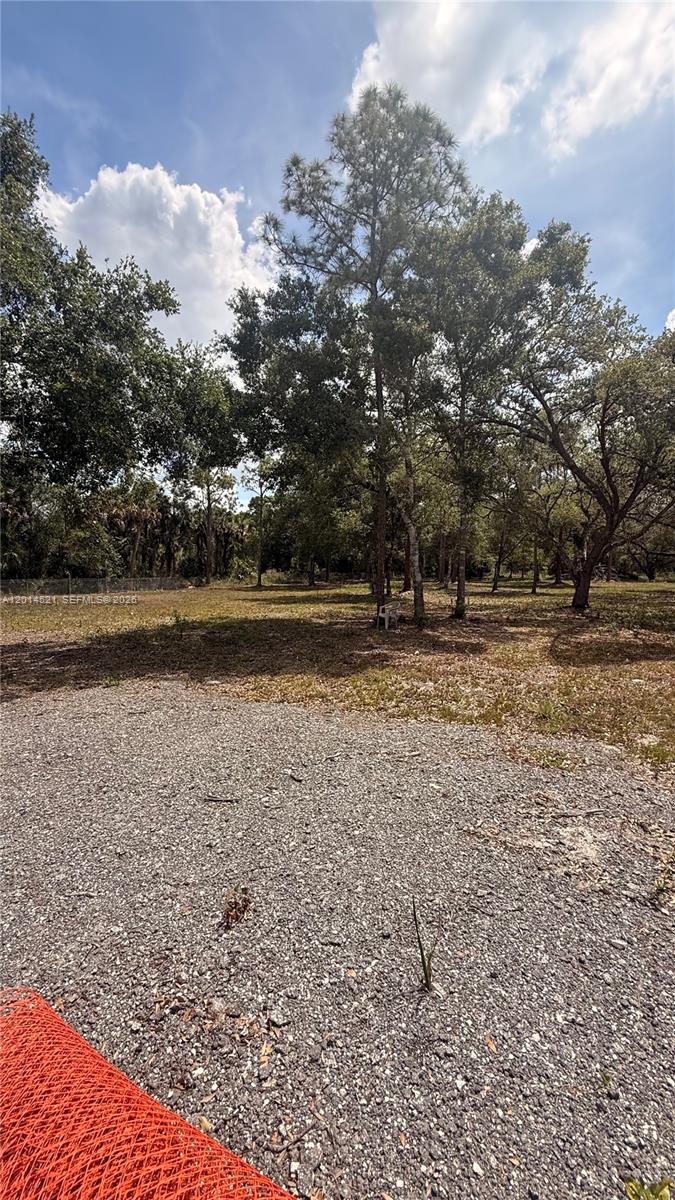 A gravel driveway leads to a wooded lot with scattered trees under a cloudy sky — 465 S Estribo st, Clewiston FL 33440-2613, CLEWISTON, FL