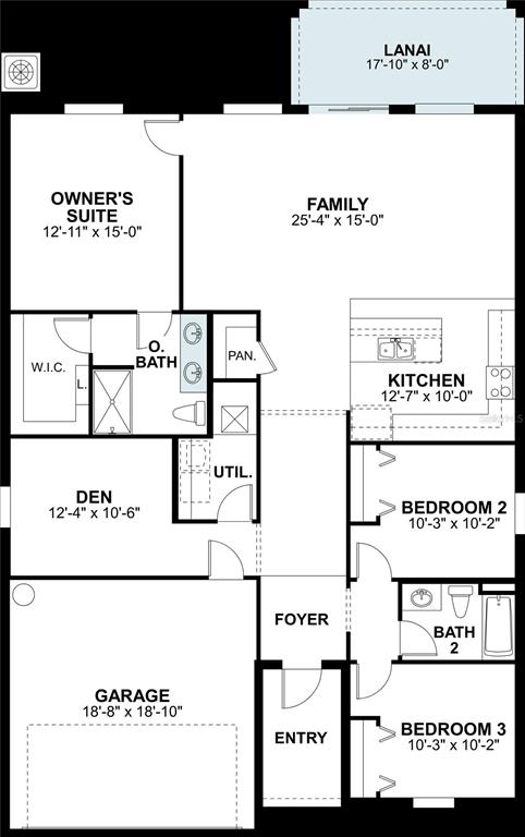 This is a floor plan for a single-story home featuring three bedrooms, a den, and garage — 12831 CASTLE OAKS DRIVE, HUDSON, FL