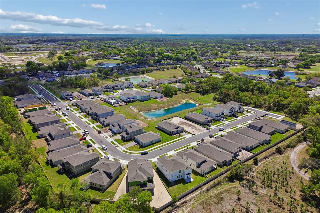 An aerial view shows a suburban neighborhood with houses, streets, and retention ponds — 12831 CASTLE OAKS DRIVE, HUDSON, FL