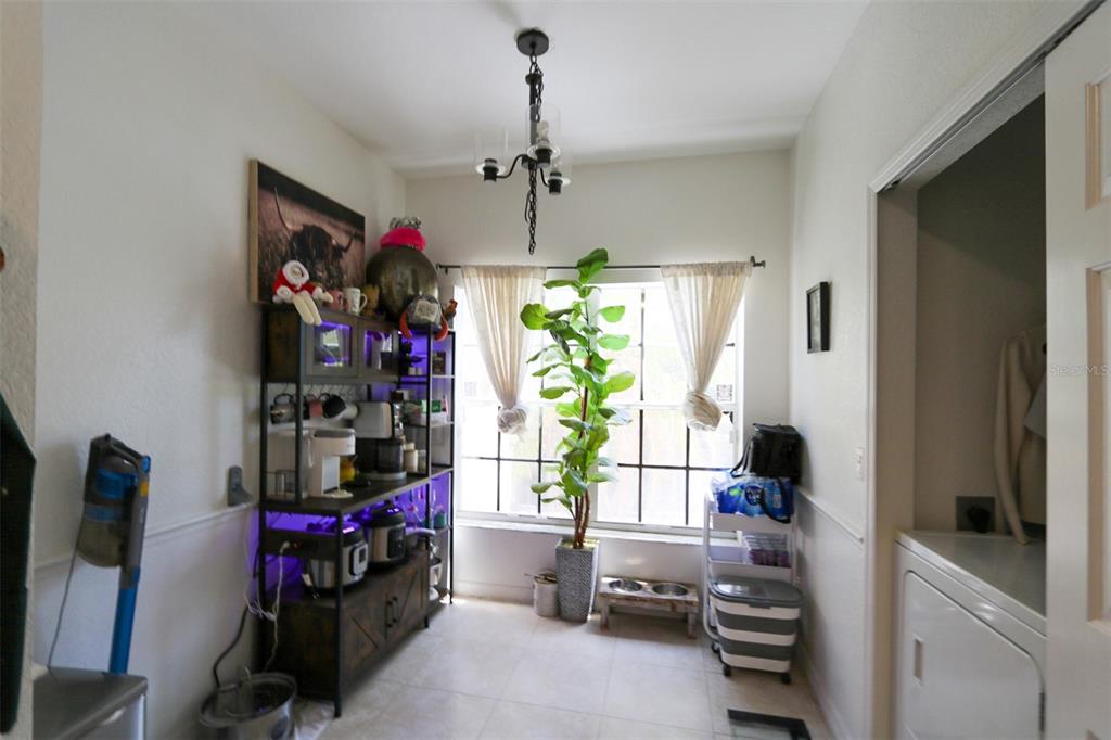 A laundry room features a coffee station, a large potted plant, and a chandelier — 10922 WINTER CREST DRIVE, RIVERVIEW, FL