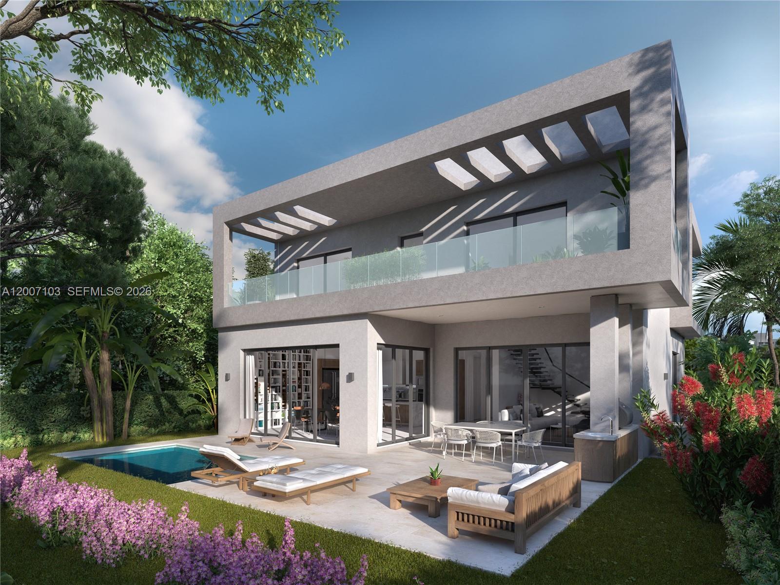 This rendering shows the exterior of a modern two-story house with a pool and patio — 3346 Percival Ave, Miami FL 33133, MIAMI, FL
