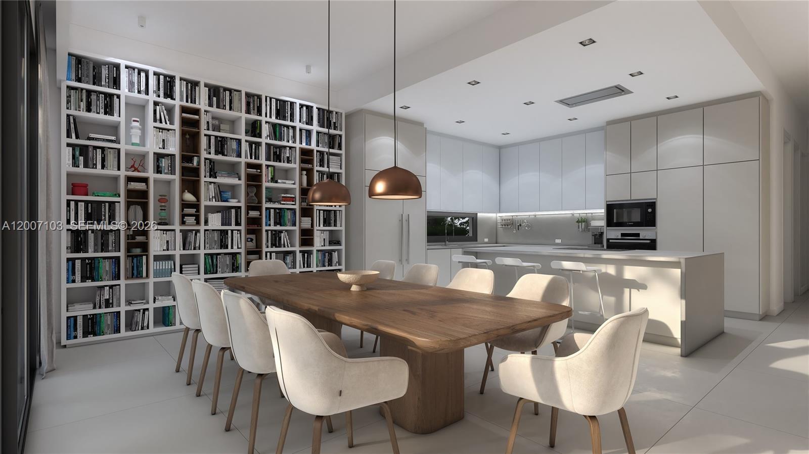 This rendering shows a modern dining area with a large wooden table and floor-to-ceiling bookshelves — 3346 Percival Ave, Miami FL 33133, MIAMI, FL