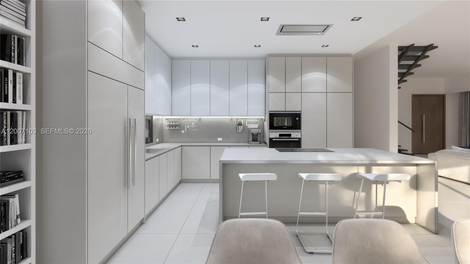 This is a rendering of a modern, minimalist kitchen featuring light cabinetry and a central island — 3346 Percival Ave, Miami FL 33133, MIAMI, FL