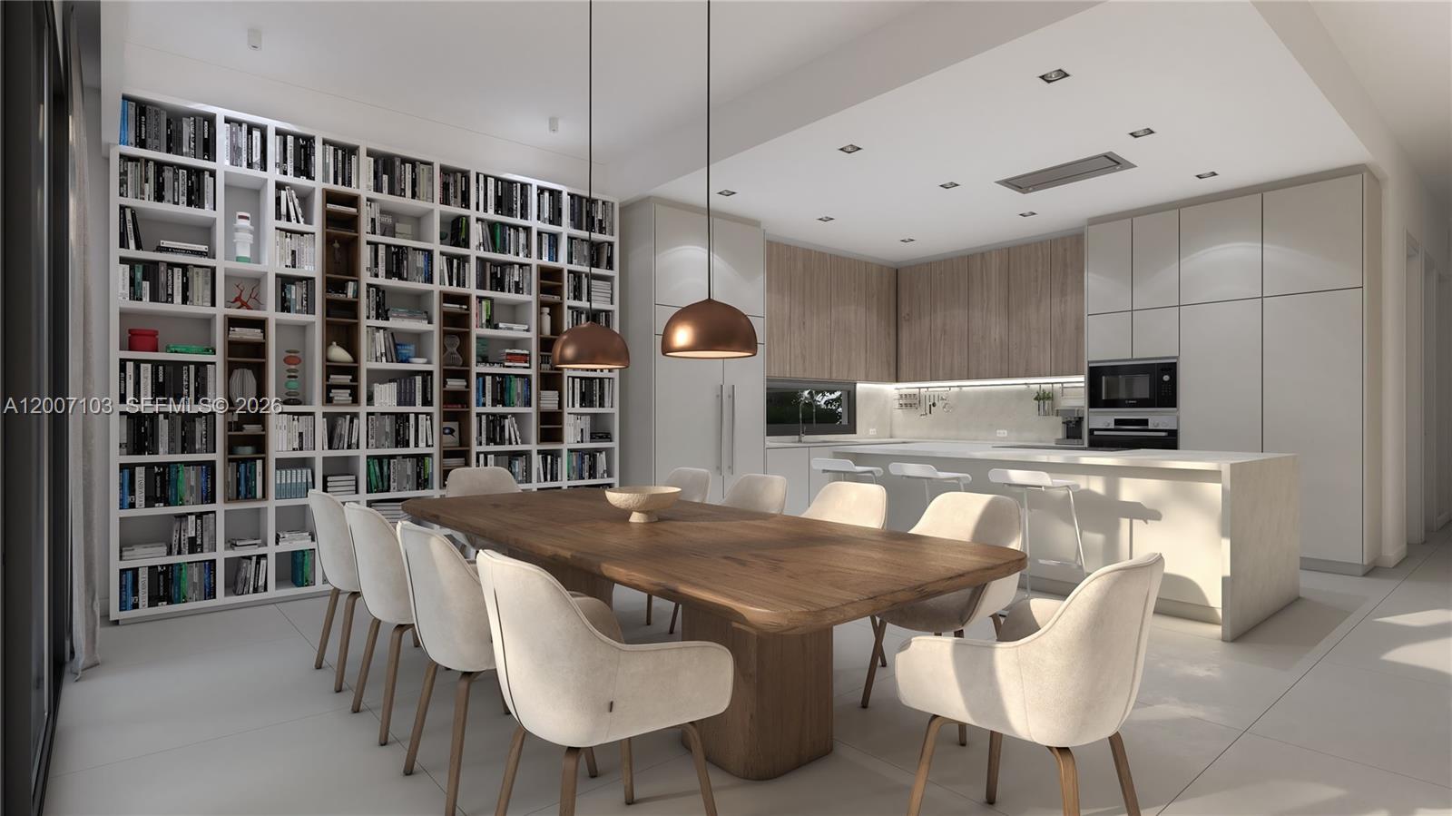 This rendering shows a modern dining room and kitchen with a large wooden table and bookshelves — 3346 Percival Ave, Miami FL 33133, MIAMI, FL