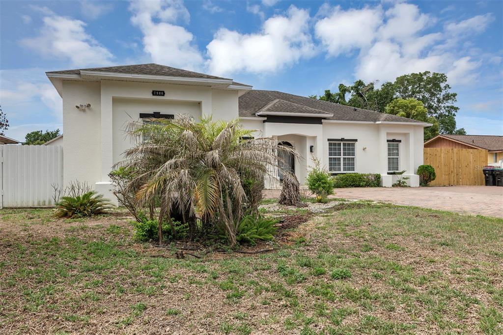 A single-story white stucco house features a palm tree in the front yard — 7906 NAPOLEON STREET, ORLANDO, FL