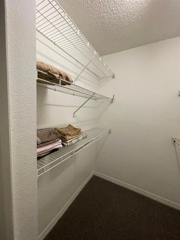 A walk-in closet features white wire shelving units mounted on the walls above carpeted flooring — 2456 SWEETWATER CLUB CIRCLE UNIT 20, KISSIMMEE, FL