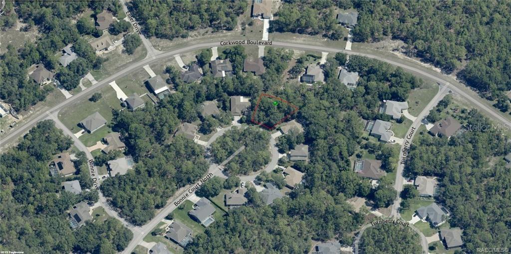 This aerial map shows a vacant, wooded residential lot outlined in red within a neighborhood — 14 BONNIE COURT N, HOMOSASSA, FL