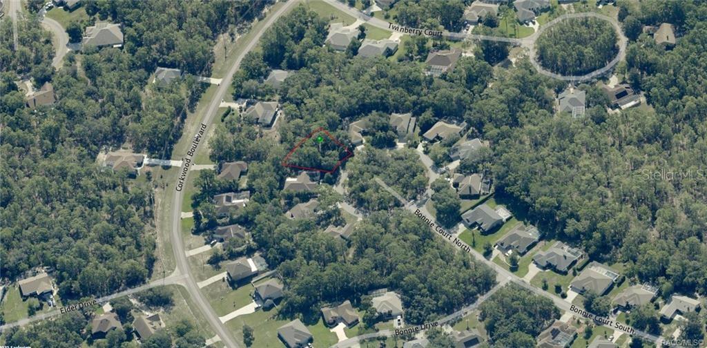 This is an aerial map showing a vacant lot outlined in red within a neighborhood — 14 BONNIE COURT N, HOMOSASSA, FL