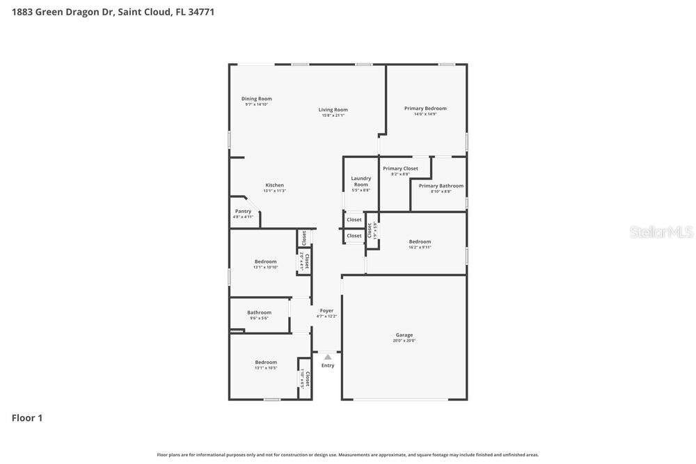 This is a floor plan for a single-story house with four bedrooms and a garage — 1883 GREEN DRAGON DRIVE, ST CLOUD, FL