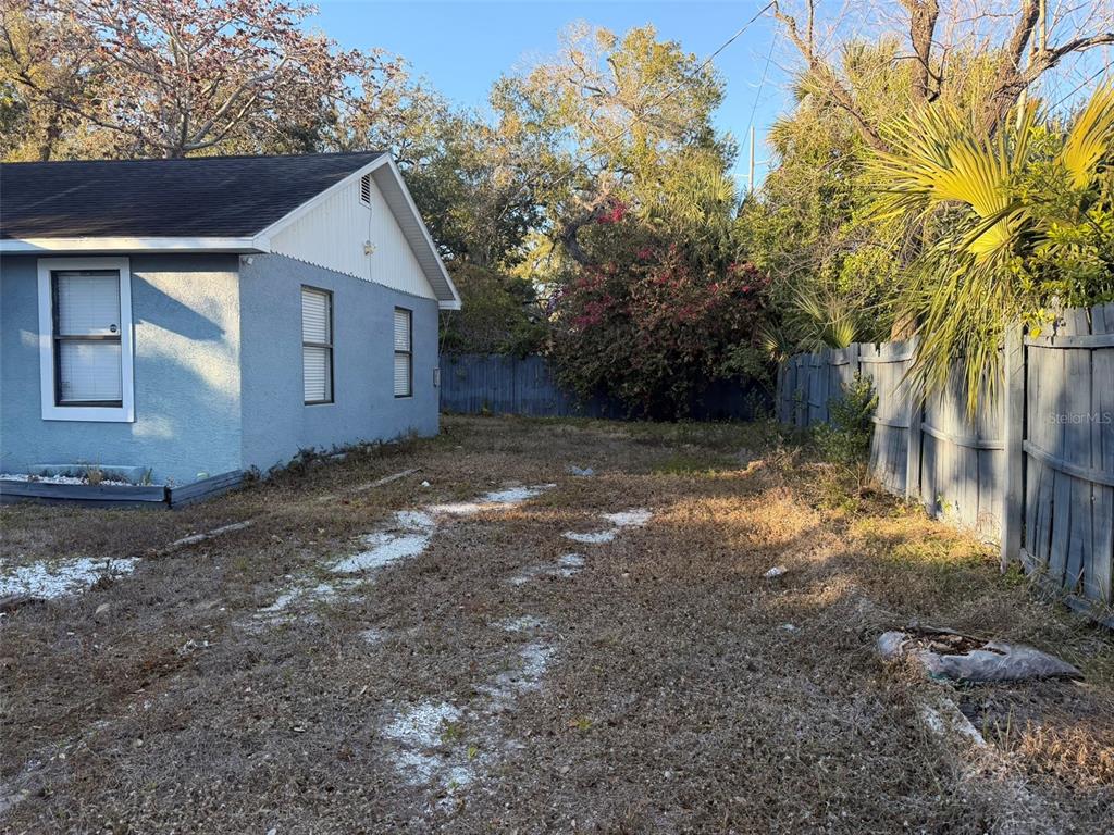 A side view of a blue house with a yard and a wooden fence — 2020 E POWHATAN AVENUE, TAMPA, FL