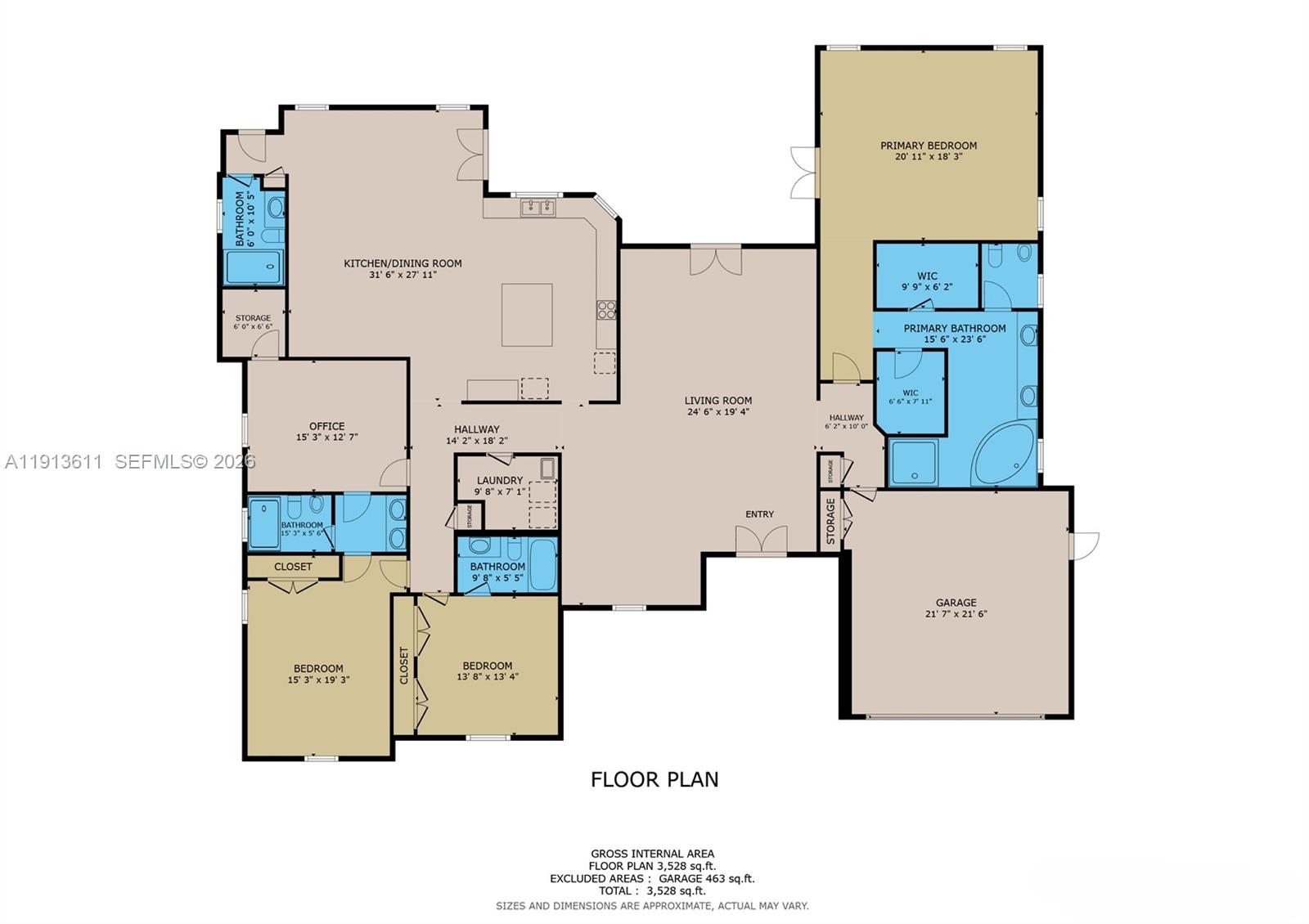 This is a floor plan showing a house layout with a garage and multiple rooms — 9424 SW 123rd Ter, Miami FL 33176, MIAMI, FL