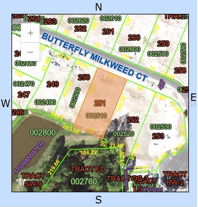 This is a property map showing lot 251 highlighted in orange along Butterfly Milkweed Court — 1418 BUTTERFLY MILKWEED COURT, DAVENPORT, FL