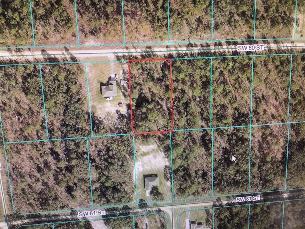 An aerial map view shows a rectangular, wooded lot outlined in red between two streets — 0 SW 80 STREET, DUNNELLON, FL
