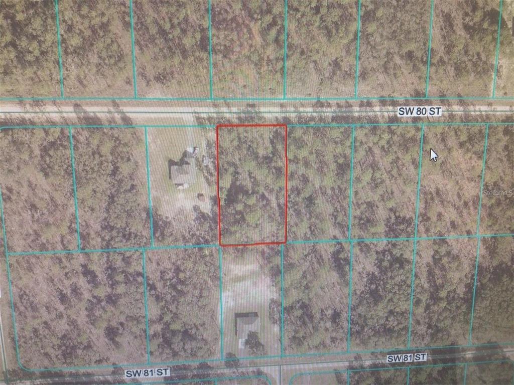 An aerial map shows a rectangular vacant lot outlined in red between two streets — 0 SW 80 STREET, DUNNELLON, FL