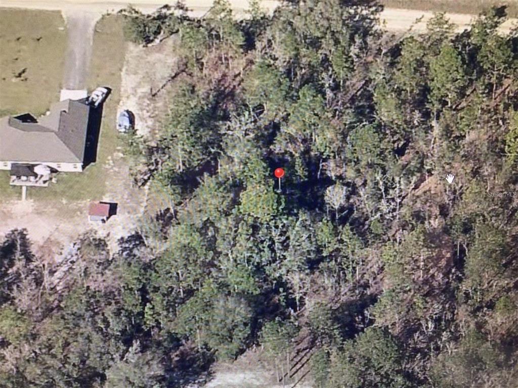 An aerial view shows a red map pin marking a wooded lot next to a house — 0 SW 80 STREET, DUNNELLON, FL