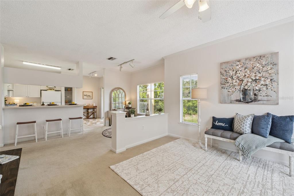 A living area with a half wall, carpeted floors, and a bench seat near windows — 426 ARBOR LAKES UNIT 426, SANFORD, FL