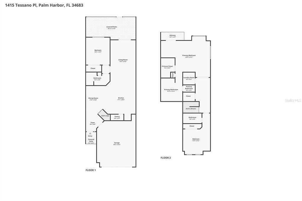 This image is a two-story floor plan showing the layout of a residential home — 1415 TESSANO PLACE, PALM HARBOR, FL