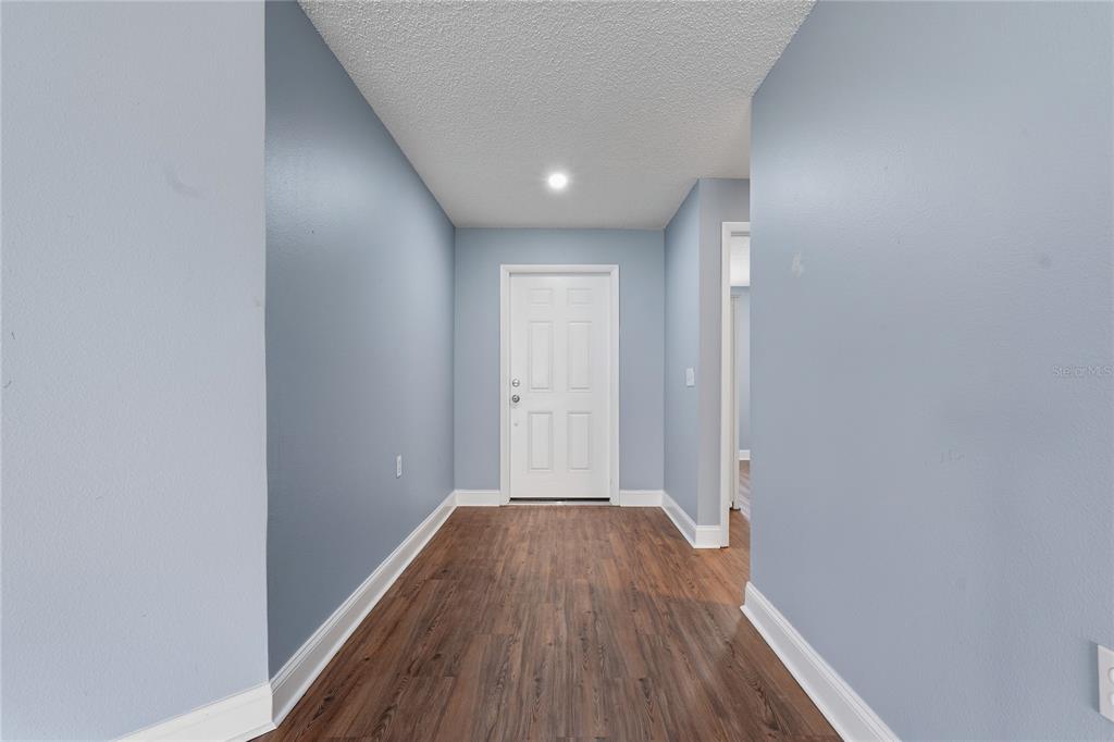 A hallway with blue walls, wood-look flooring, and a white door at the end — 9031 WARWICK LANE UNIT 9031, NEW PORT RICHEY, FL