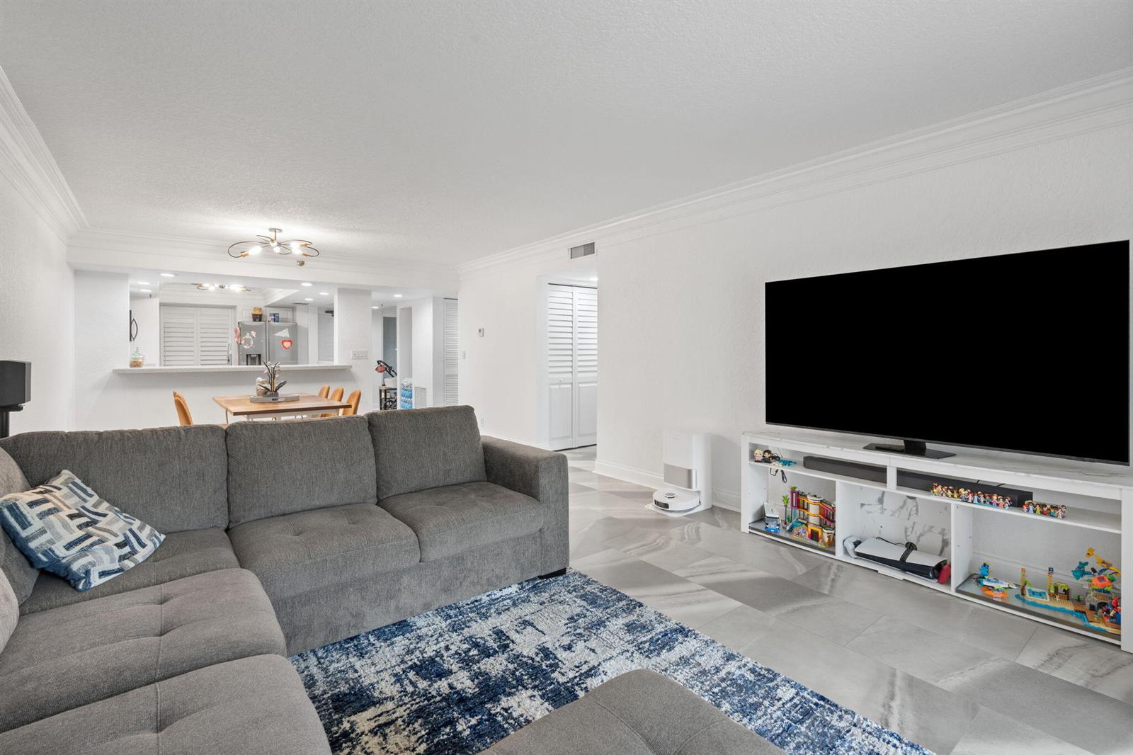 A living room features a gray sectional sofa, a blue area rug, and a television console — 6562 Boca Del Mar Drive # 124, Boca Raton FL 33433, BOCA RATON, FL