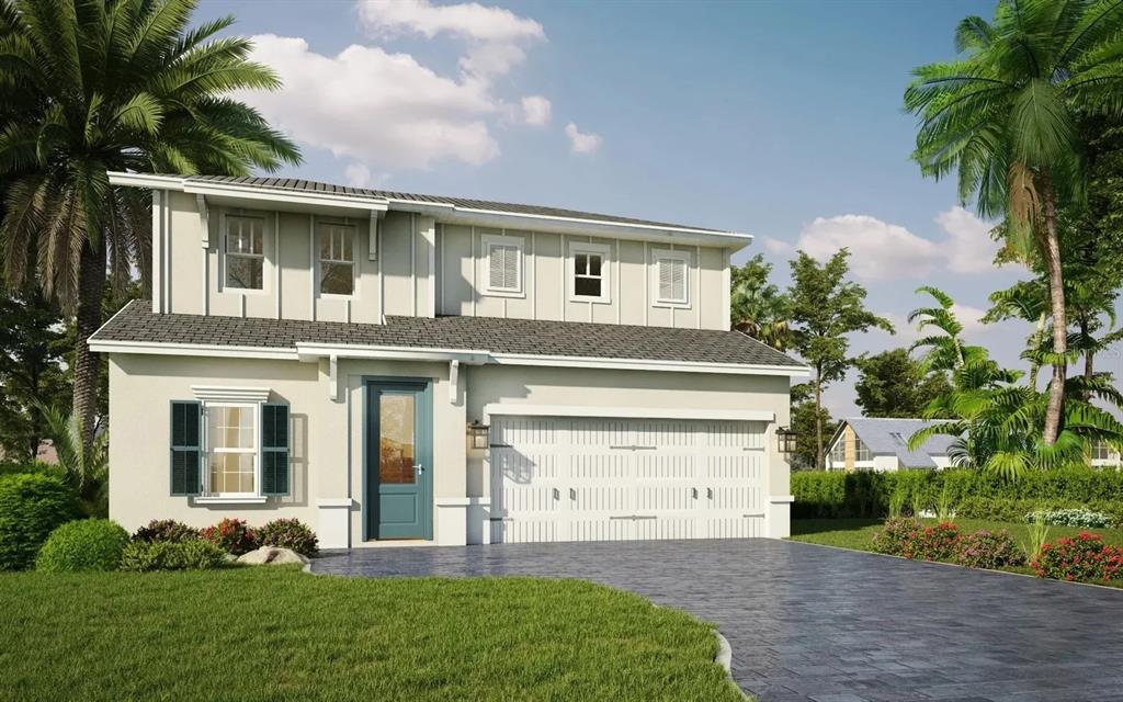 This is a rendering of a two-story house with a white garage and teal door — 286 ELENA LAVIN CIRCLE, ORLANDO, FL