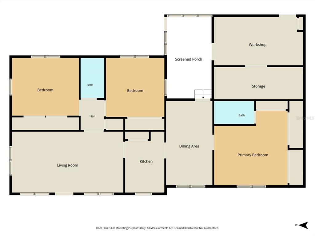 This is a floor plan showing a house with three bedrooms, two baths, and a workshop — 310 N CITRUS AVENUE, INVERNESS, FL