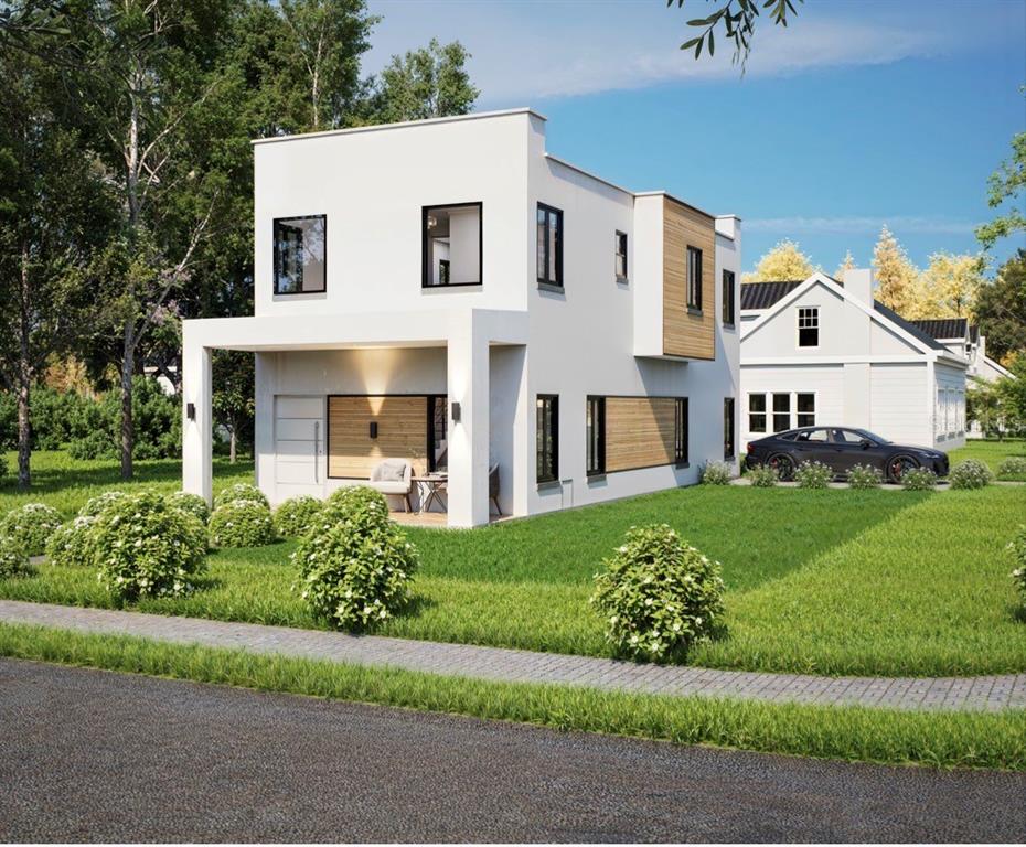 A digital rendering of a modern two-story white house with wood accents and a porch — 1550 21ST STREET S, ST PETERSBURG, FL